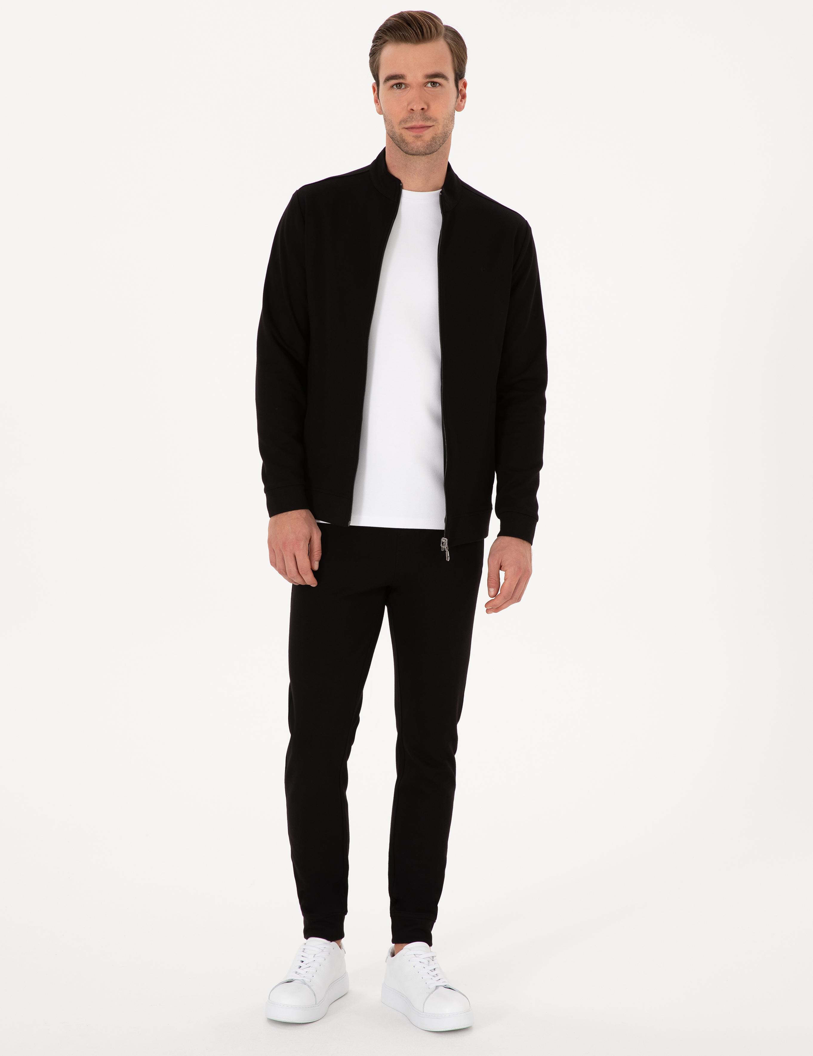 Siyah Slim Fit Pamuk Karışımlı Paçası Lastikli Eşofman Altı - 50309819030