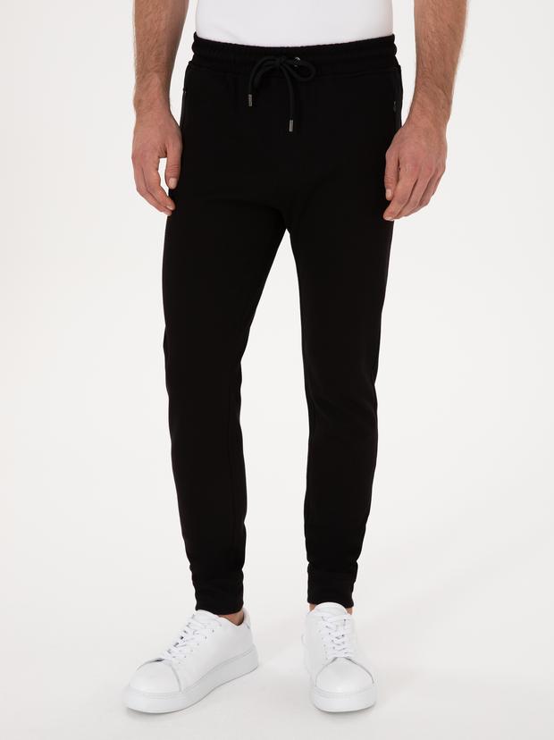 Siyah Slim Fit Pamuk Karışımlı Paçası Lastikli Eşofman Altı