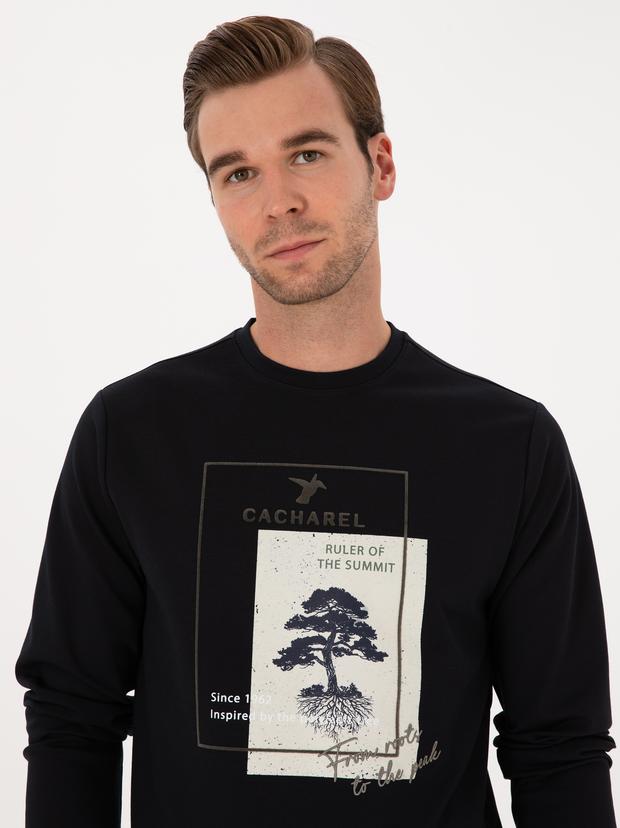 Lacivert Regular Fit Bisiklet Yaka Baskılı Sweatshirt