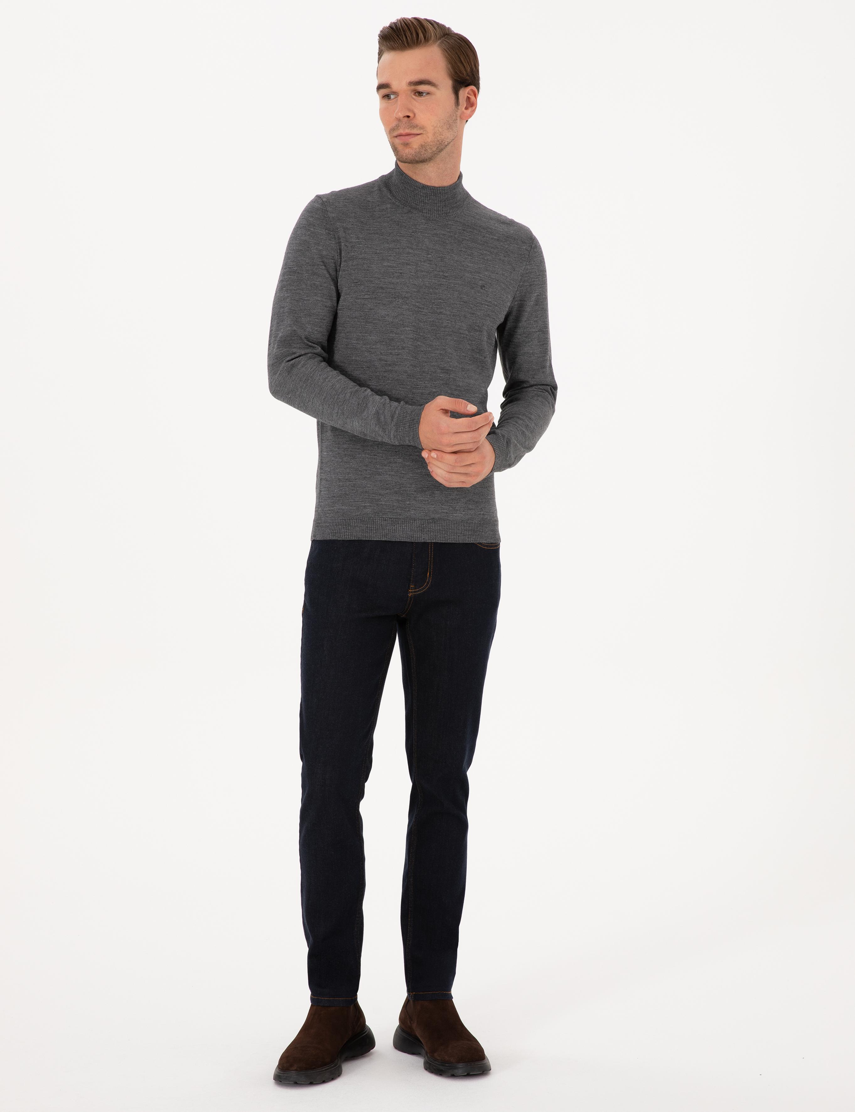 Füme Slim Fit Yün Karışımlı Yarım Balıkçı Basic Triko Kazak - 50315296009