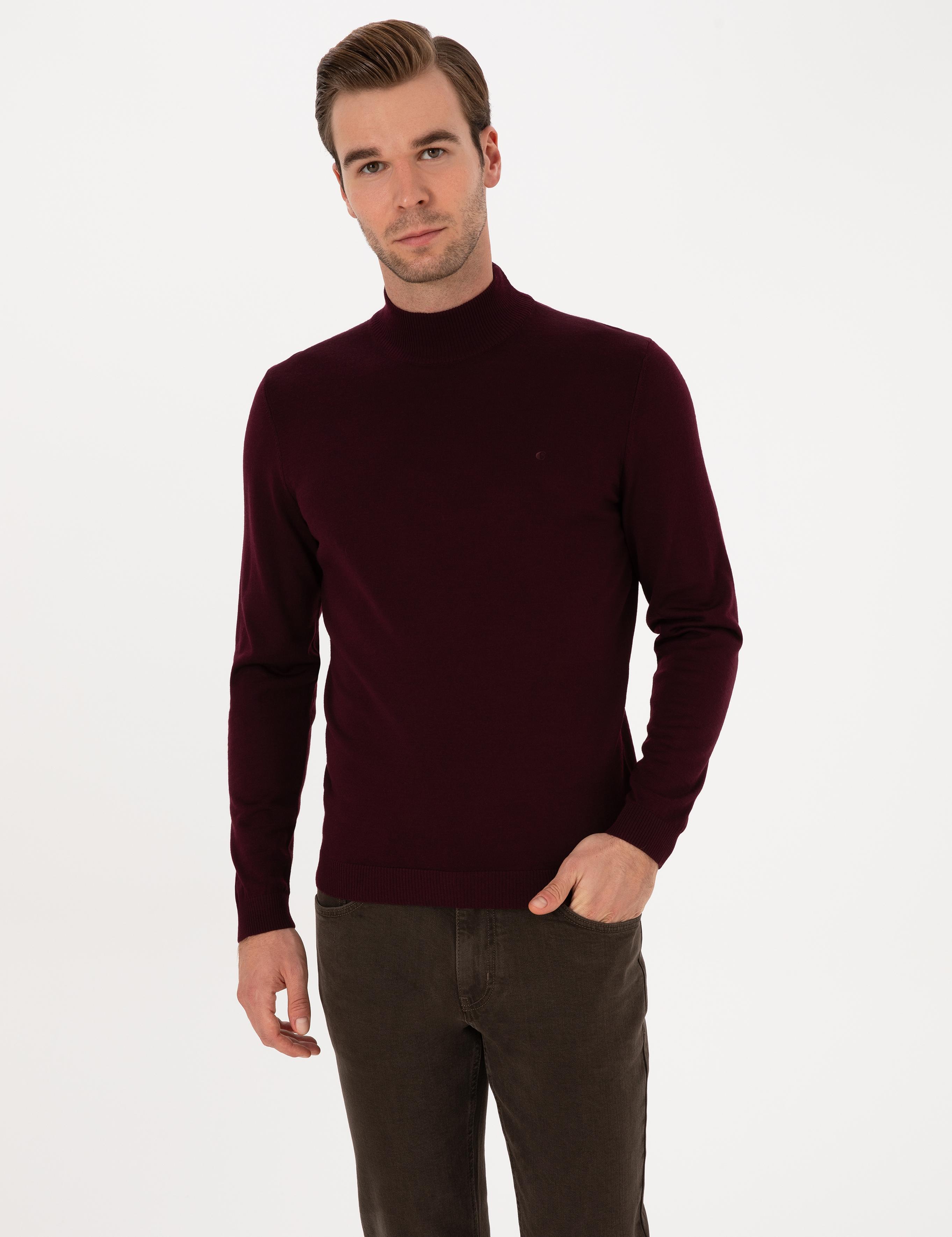 Açık Bordo Slim Fit Yün Karışımlı Yarım Balıkçı Basic Triko Kazak - 50315296044