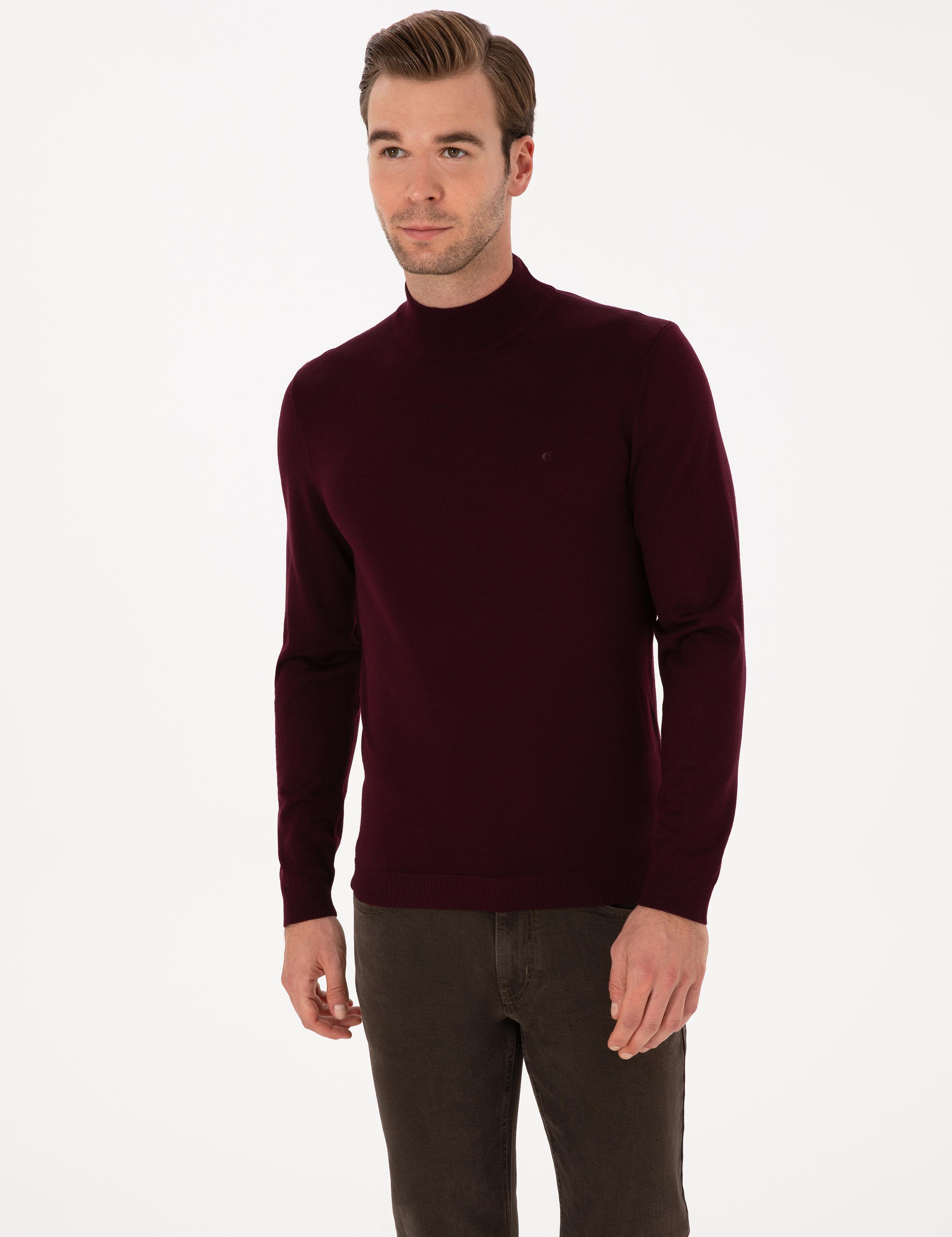 Açık Bordo Slim Fit Yün Karışımlı Yarım Balıkçı Basic Triko Kazak - 50315296044