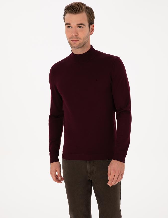Açık Bordo Slim Fit Yün Karışımlı Yarım Balıkçı Basic Triko Kazak