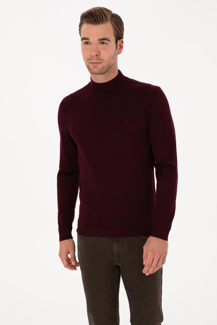 Açık Bordo Slim Fit Yün Karışımlı Yarım Balıkçı Basic Triko Kazak - 50315296044