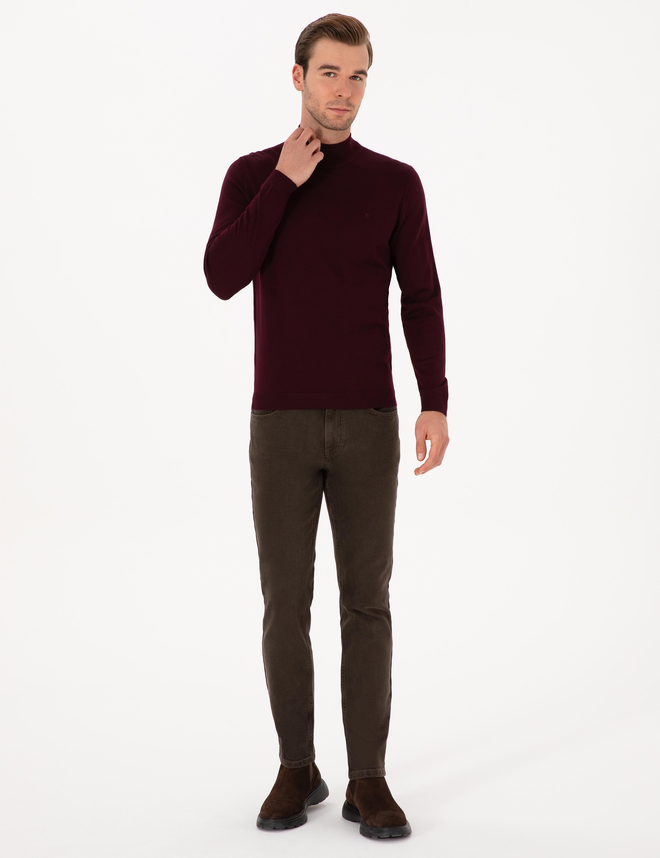 Açık Bordo Slim Fit Yün Karışımlı Yarım Balıkçı Basic Triko Kazak - 50315296044