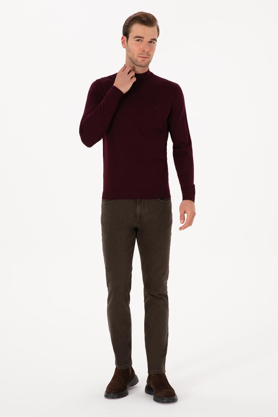 Açık Bordo Slim Fit Yün Karışımlı Yarım Balıkçı Basic Triko Kazak - 50315296044