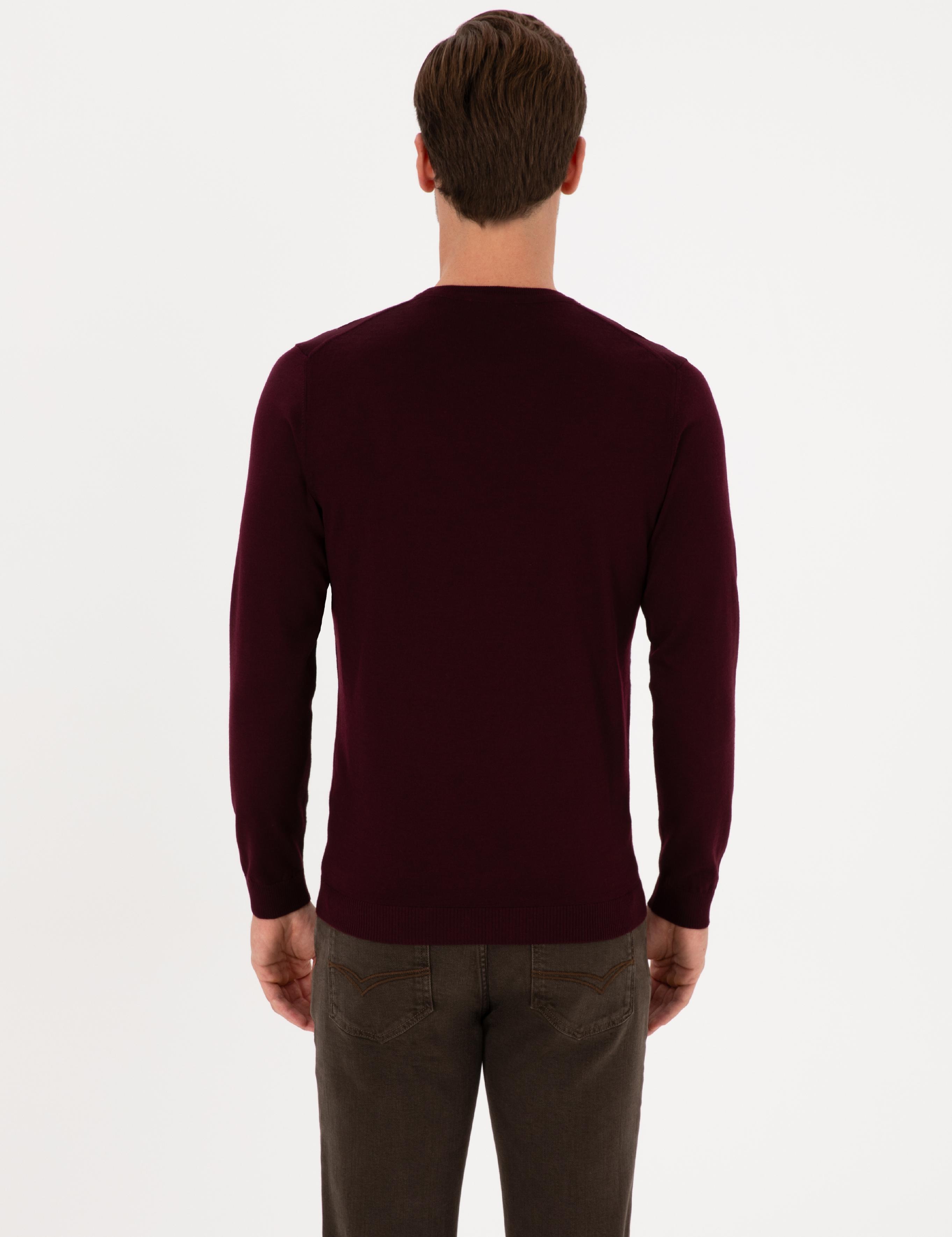 Açık Bordo Slim Fit Yün Karışımlı Bisiklet Yaka Basic Triko Kazak - 50315266099