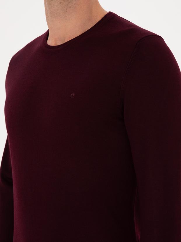 Açık Bordo Slim Fit Yün Karışımlı Bisiklet Yaka Basic Triko Kazak