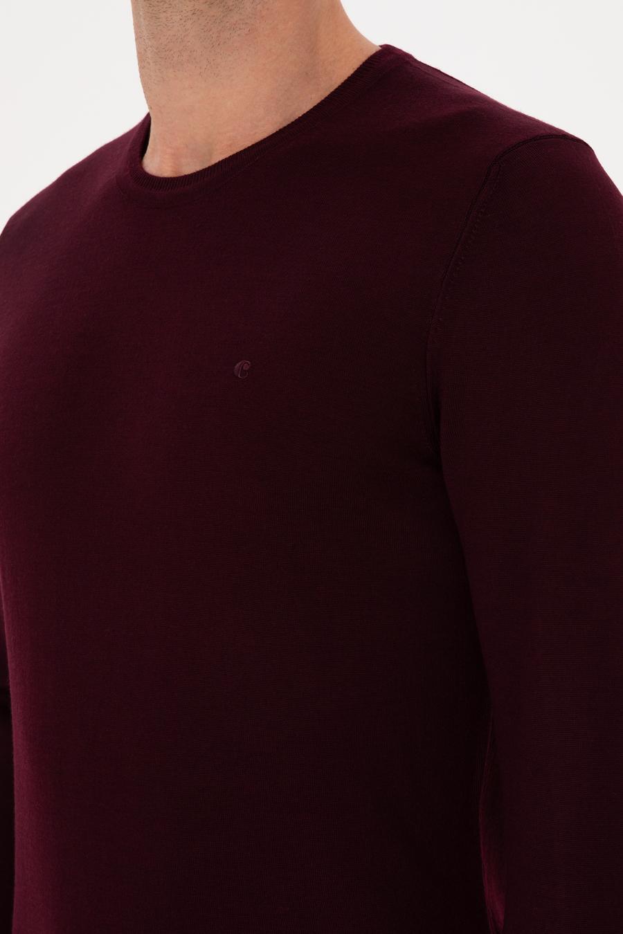 Açık Bordo Slim Fit Yün Karışımlı Bisiklet Yaka Basic Triko Kazak - 50315266099