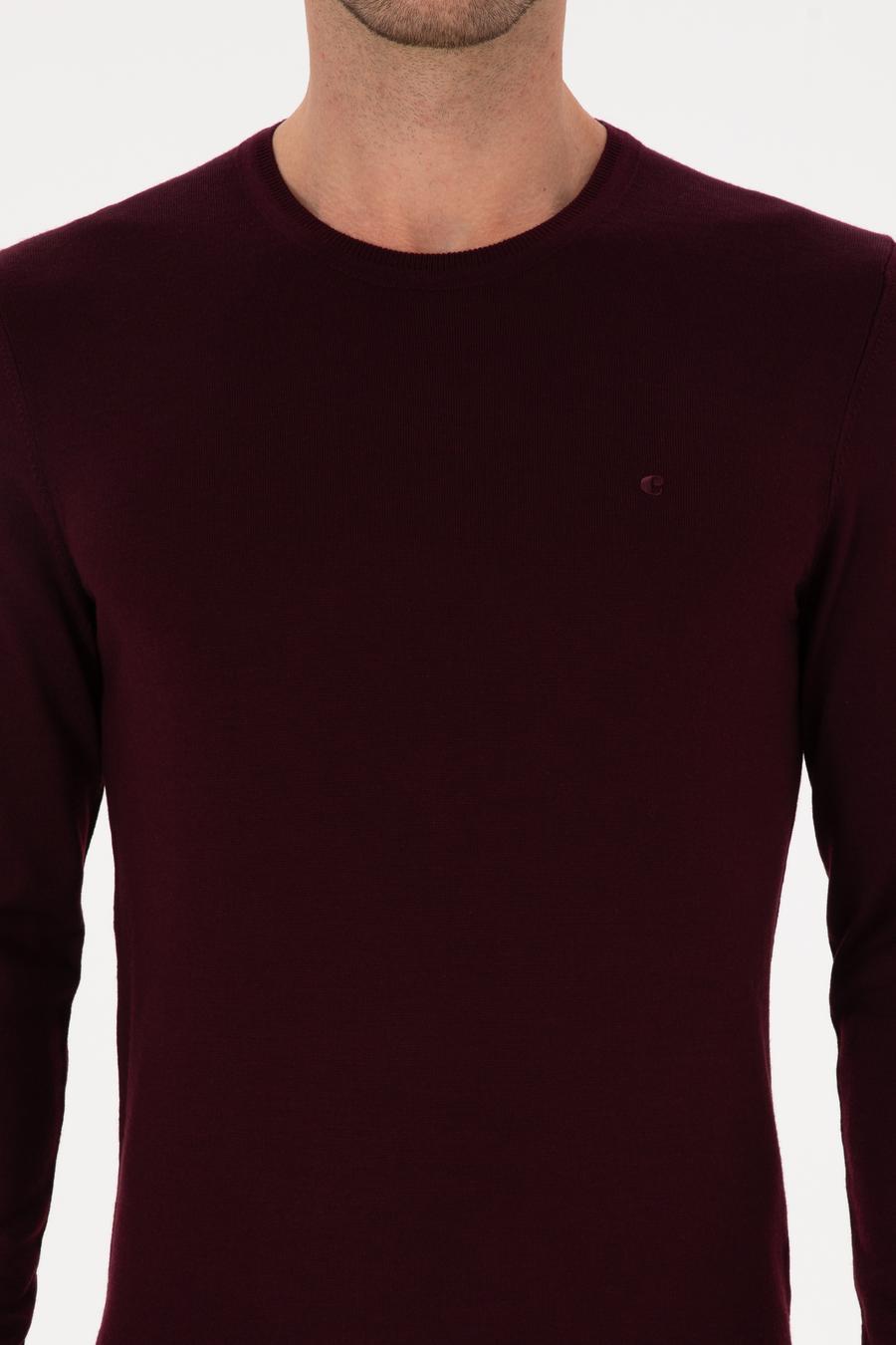 Açık Bordo Slim Fit Yün Karışımlı Bisiklet Yaka Basic Triko Kazak - 50315266099