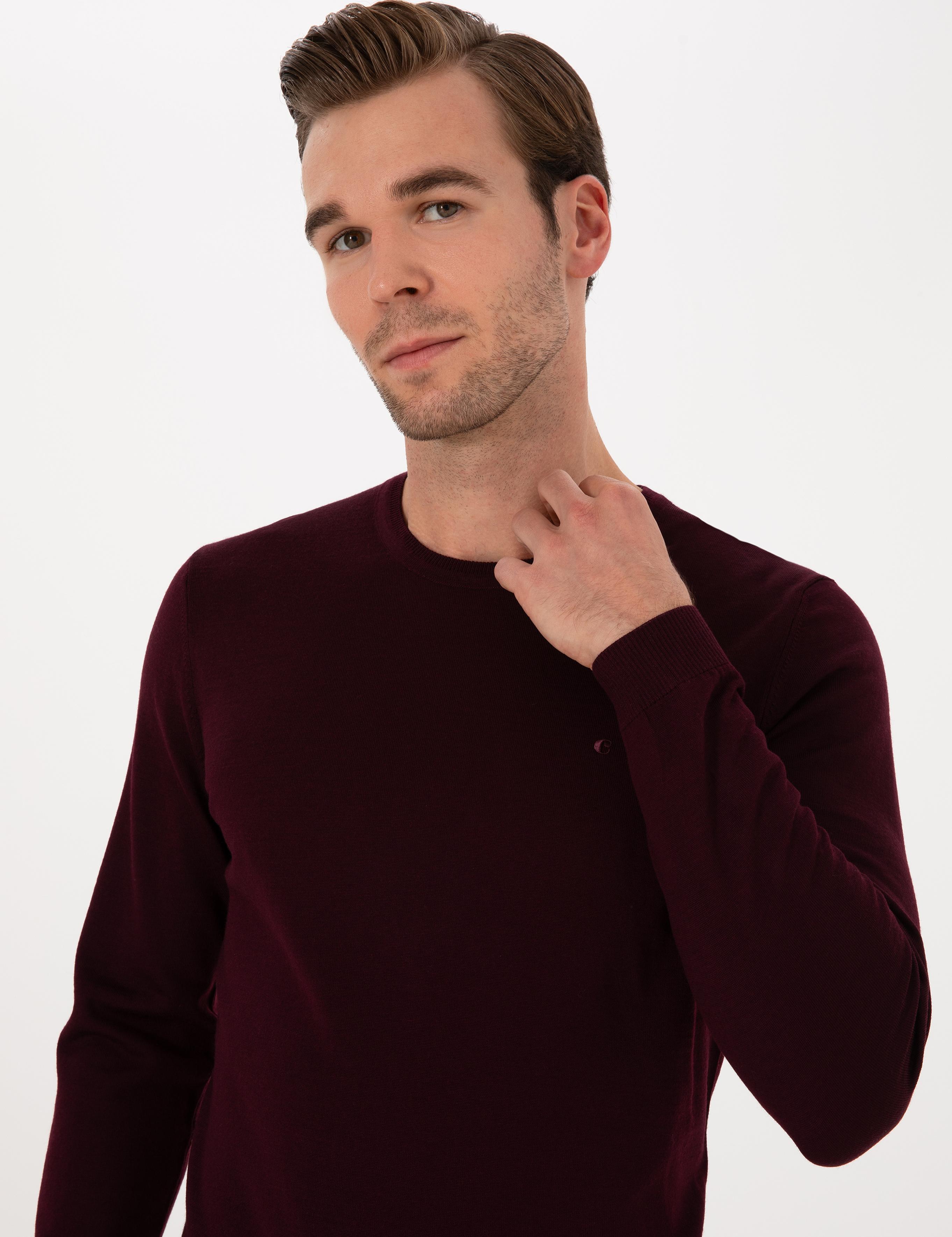 Açık Bordo Slim Fit Yün Karışımlı Bisiklet Yaka Basic Triko Kazak - 50315266099
