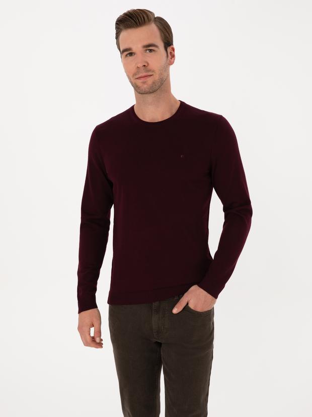 Açık Bordo Slim Fit Yün Karışımlı Bisiklet Yaka Basic Triko Kazak