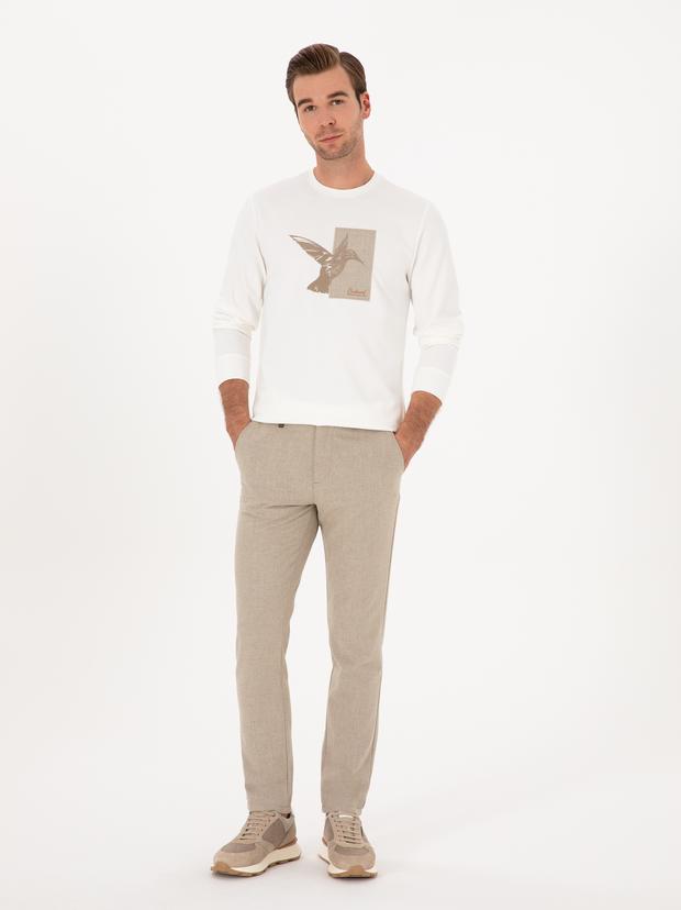 Bej Slim Fit Yün Karışımlı Kanvas Pantolon