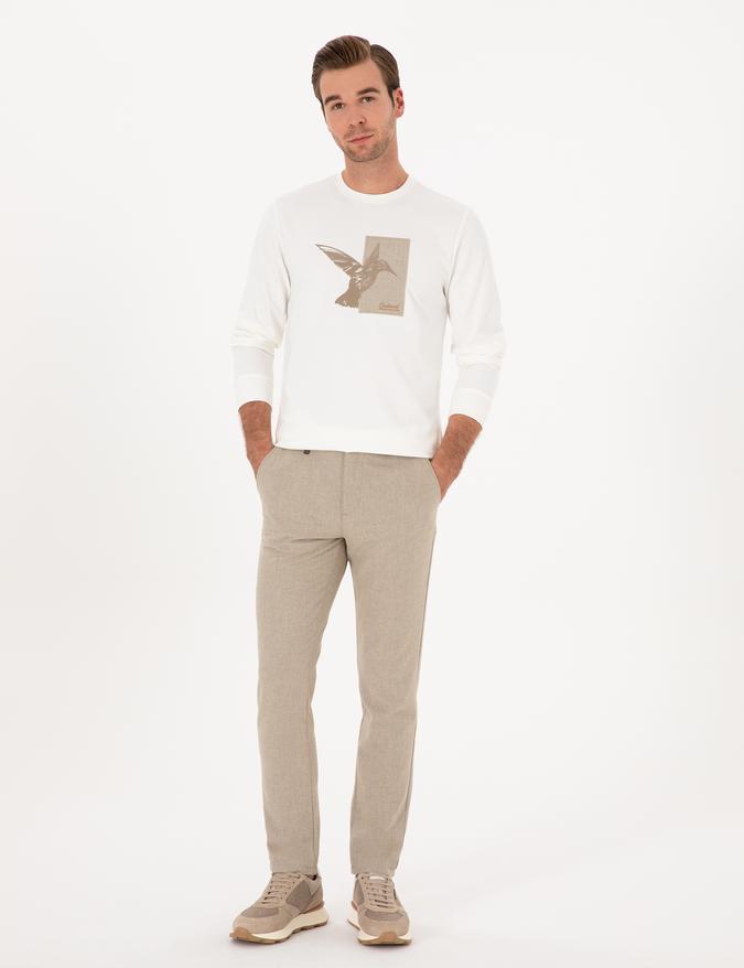 Bej Slim Fit Yün Karışımlı Kanvas Pantolon