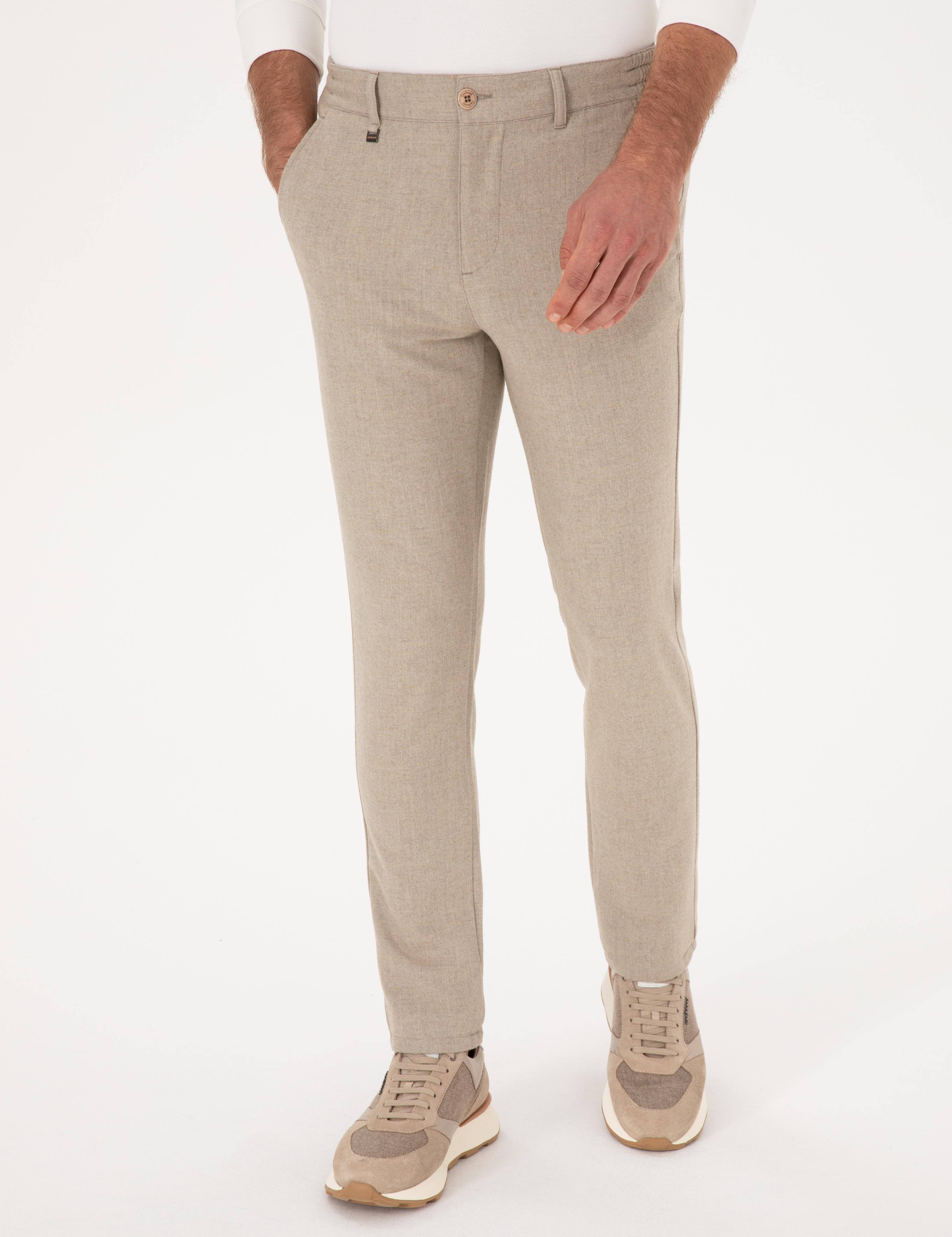 Bej Slim Fit Yün Karışımlı Kanvas Pantolon - 50308721148