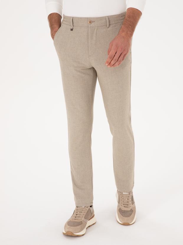 Bej Slim Fit Yün Karışımlı Kanvas Pantolon