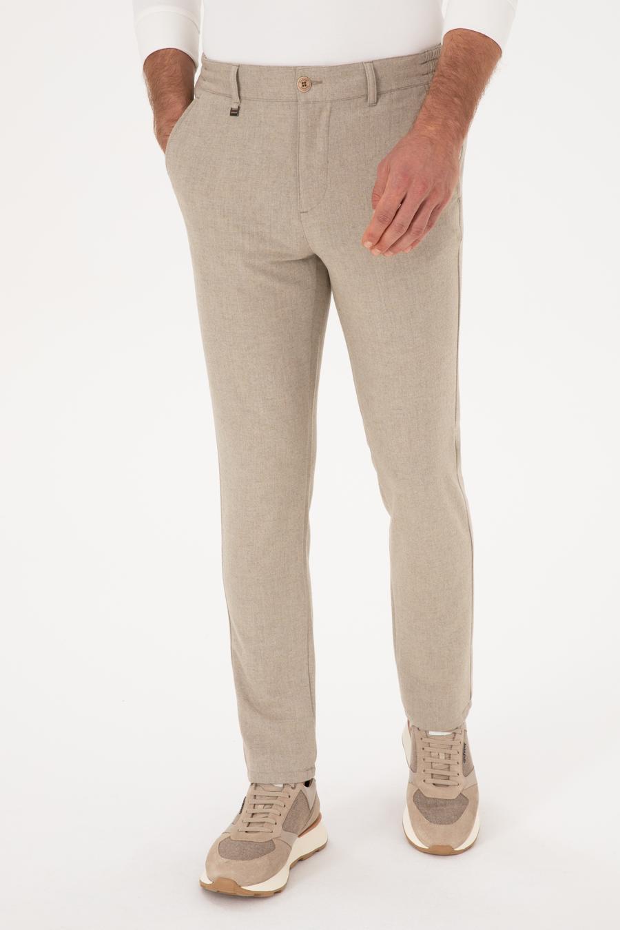Bej Slim Fit Yün Karışımlı Kanvas Pantolon - 50308721148