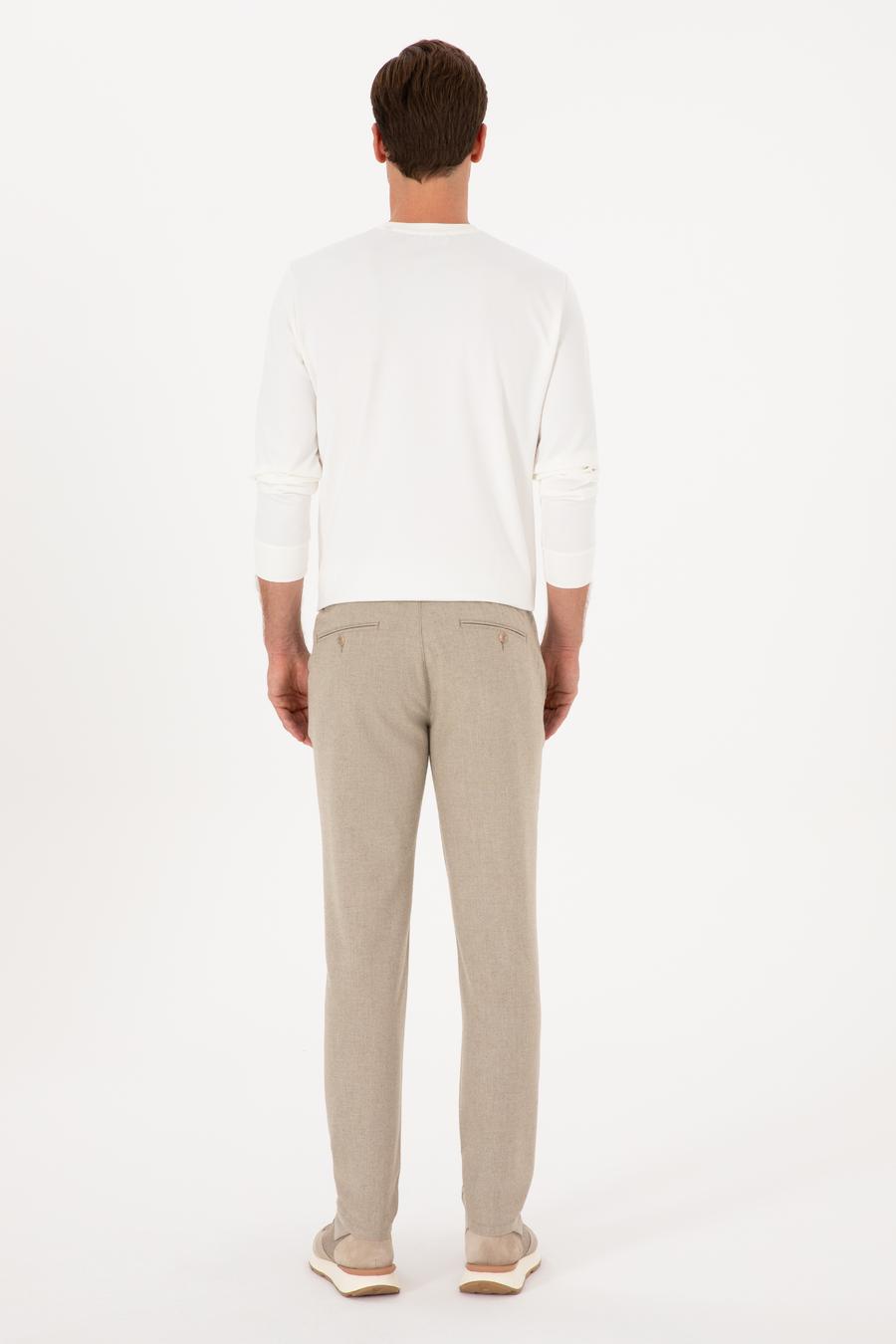 Bej Slim Fit Yün Karışımlı Kanvas Pantolon - 50308721148