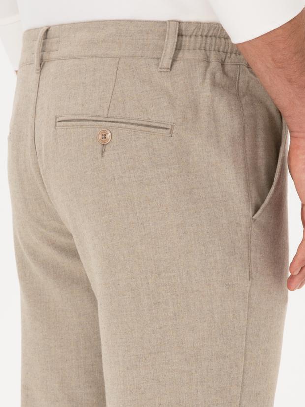 Bej Slim Fit Yün Karışımlı Kanvas Pantolon
