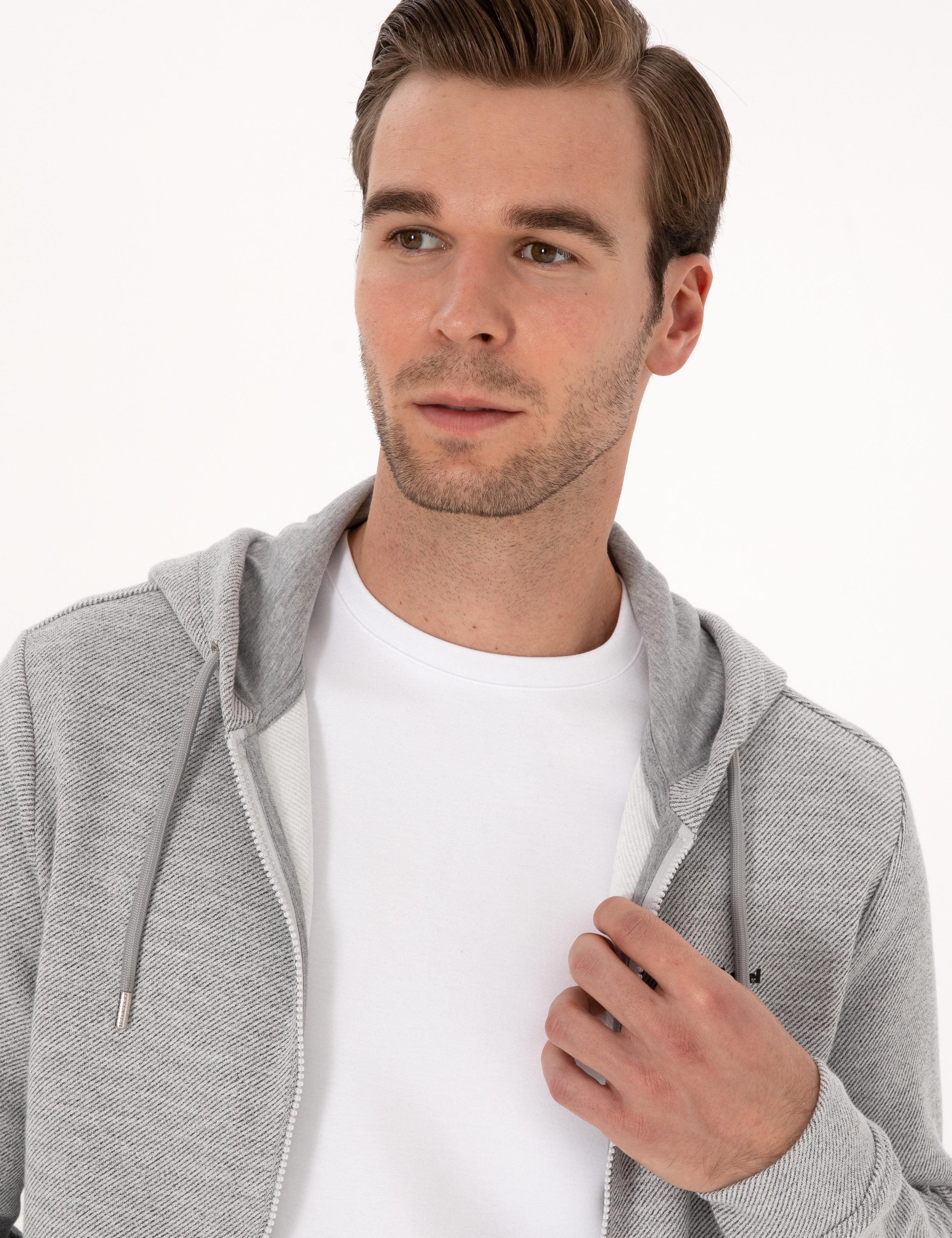 Gri Melanj Regular Fit Pamuk Karışımlı Tam Fermuarlı Sweatshirt - 50309803029