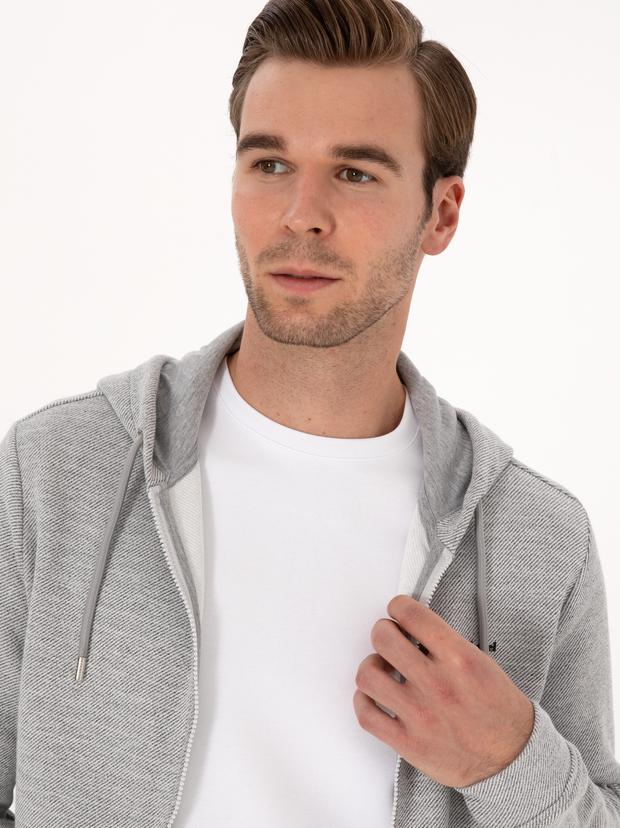 Gri Melanj Regular Fit Pamuk Karışımlı Tam Fermuarlı Sweatshirt