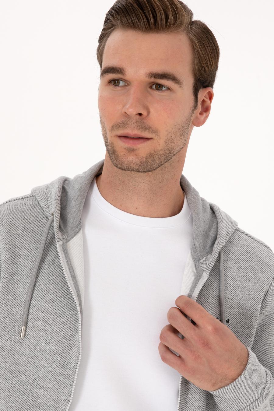 Gri Melanj Regular Fit Pamuk Karışımlı Tam Fermuarlı Sweatshirt - 50309803029