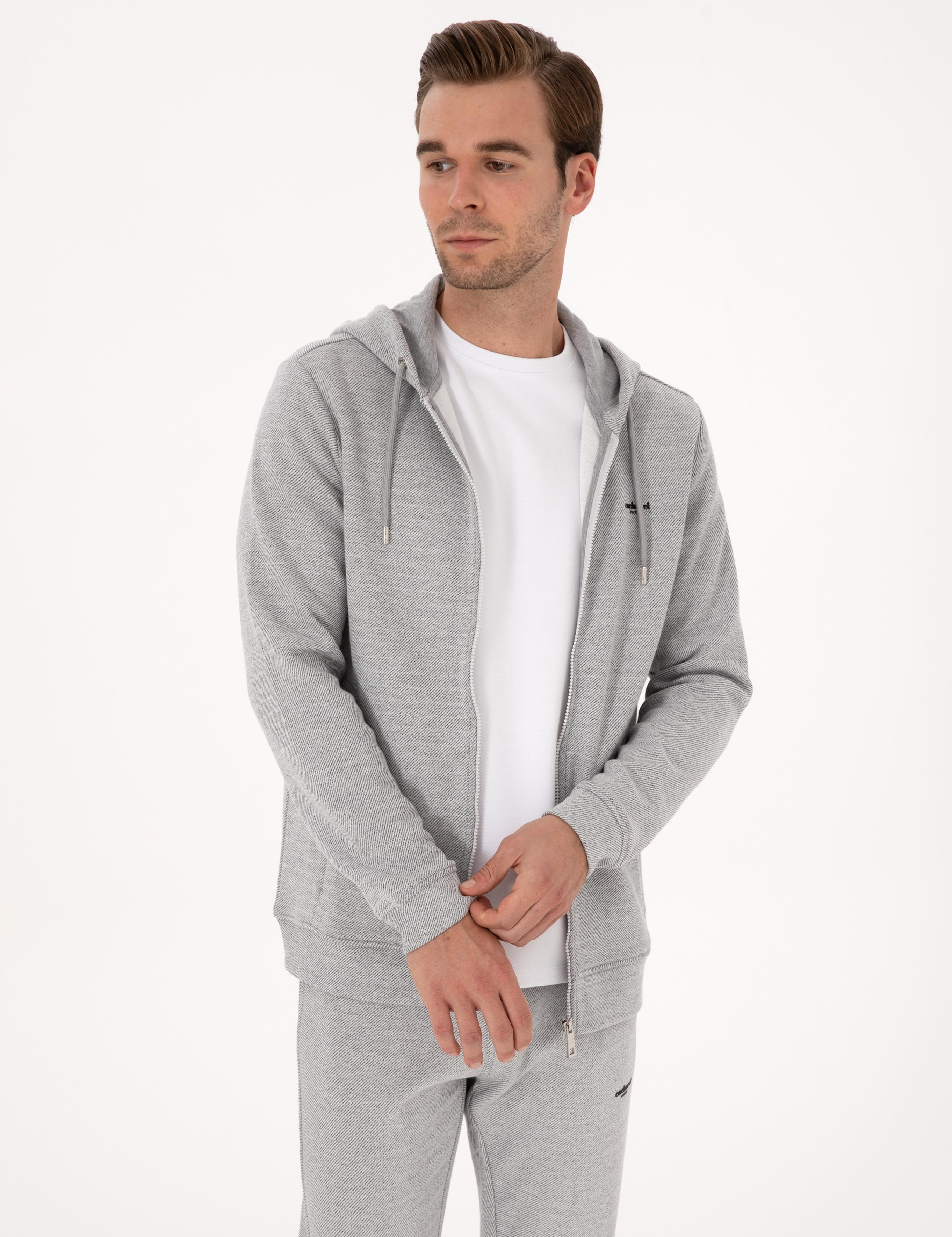 Gri Melanj Regular Fit Pamuk Karışımlı Tam Fermuarlı Sweatshirt - 50309803029