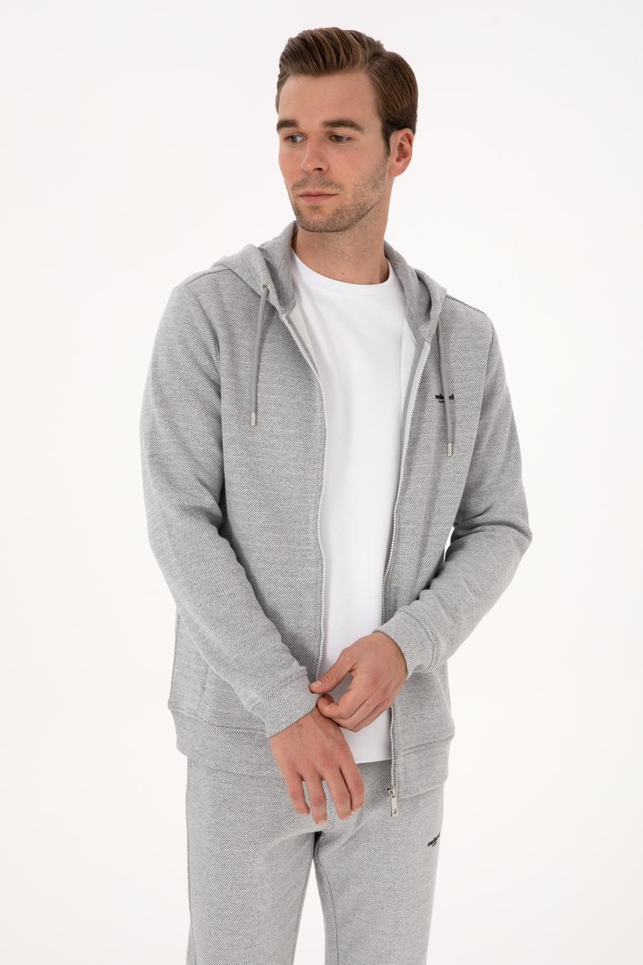 Gri Melanj Regular Fit Pamuk Karışımlı Tam Fermuarlı Sweatshirt - 50309803029