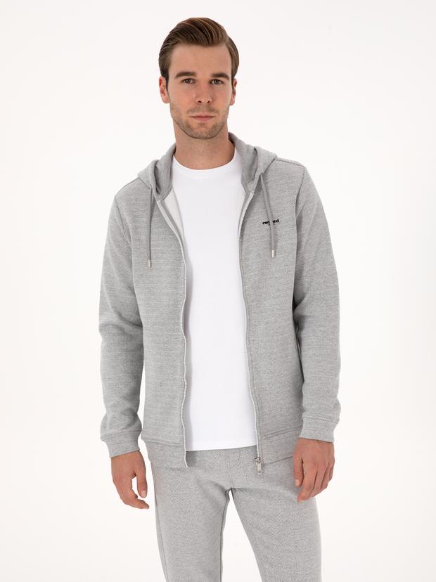 Gri Melanj Regular Fit Pamuk Karışımlı Tam Fermuarlı Sweatshirt