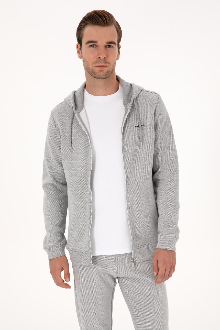 Gri Melanj Regular Fit Pamuk Karışımlı Tam Fermuarlı Sweatshirt - 50309803029