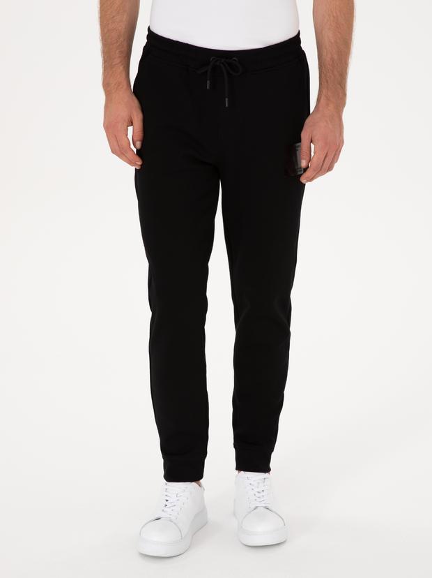 Siyah Slim Fit Pamuk Karışımlı Paçası Lastikli Eşofman Altı