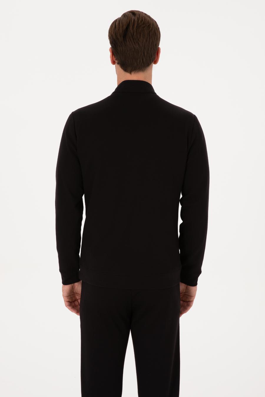 Siyah Regular Fit Pamuk Karışımlı Tam Fermuarlı Sweatshirt - 50309798026