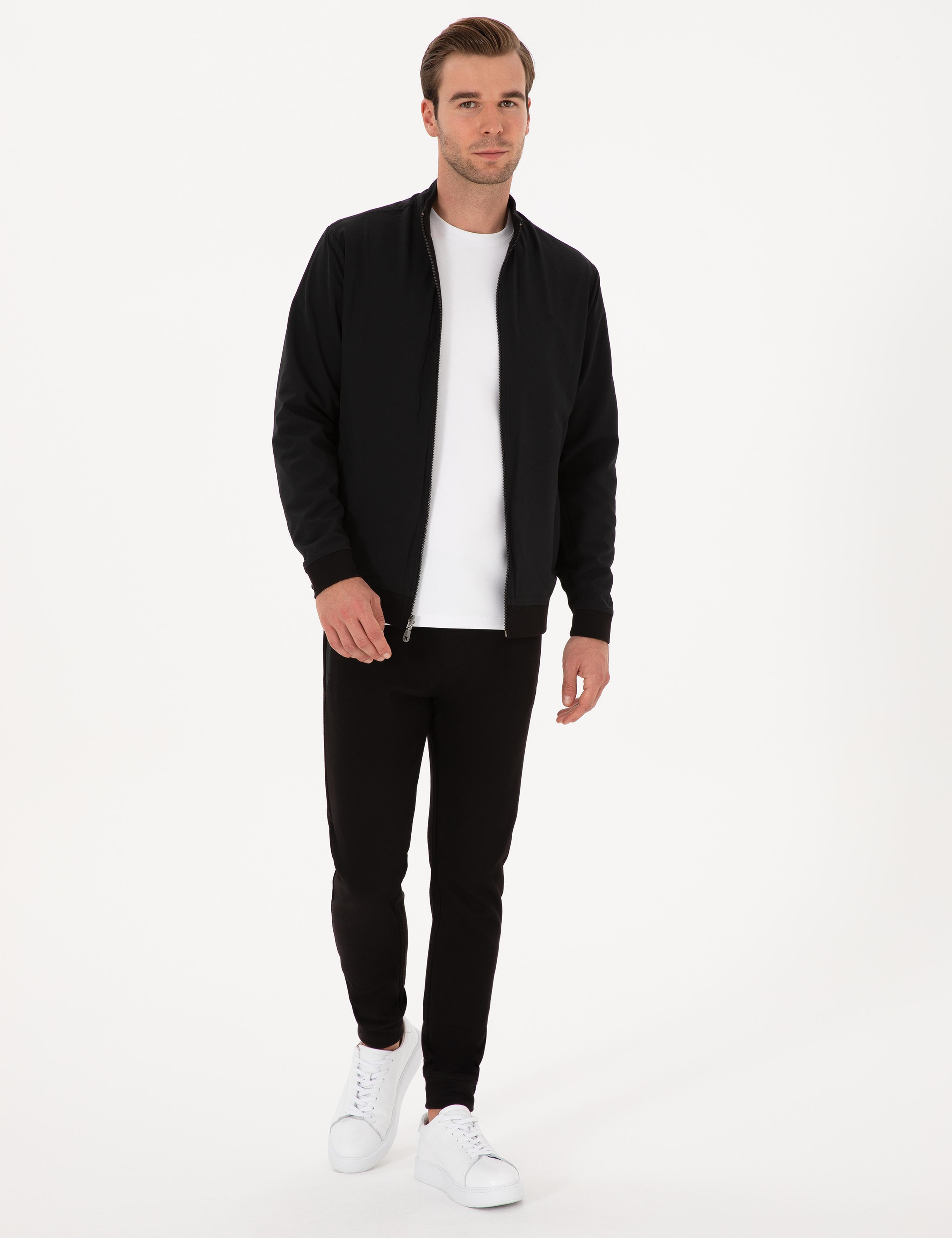Siyah Regular Fit Pamuk Karışımlı Tam Fermuarlı Sweatshirt - 50309798026