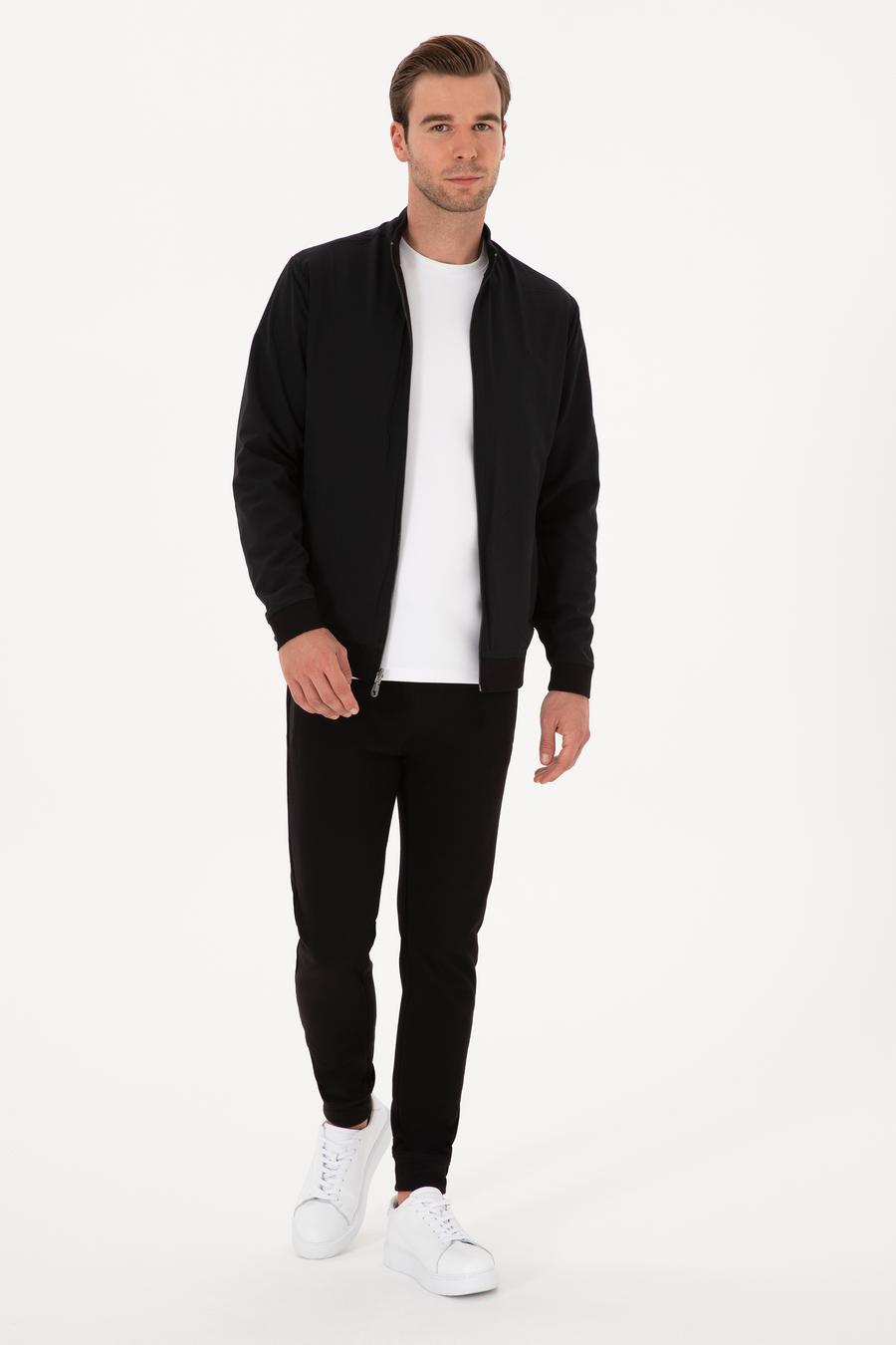 Siyah Regular Fit Pamuk Karışımlı Tam Fermuarlı Sweatshirt - 50309798026