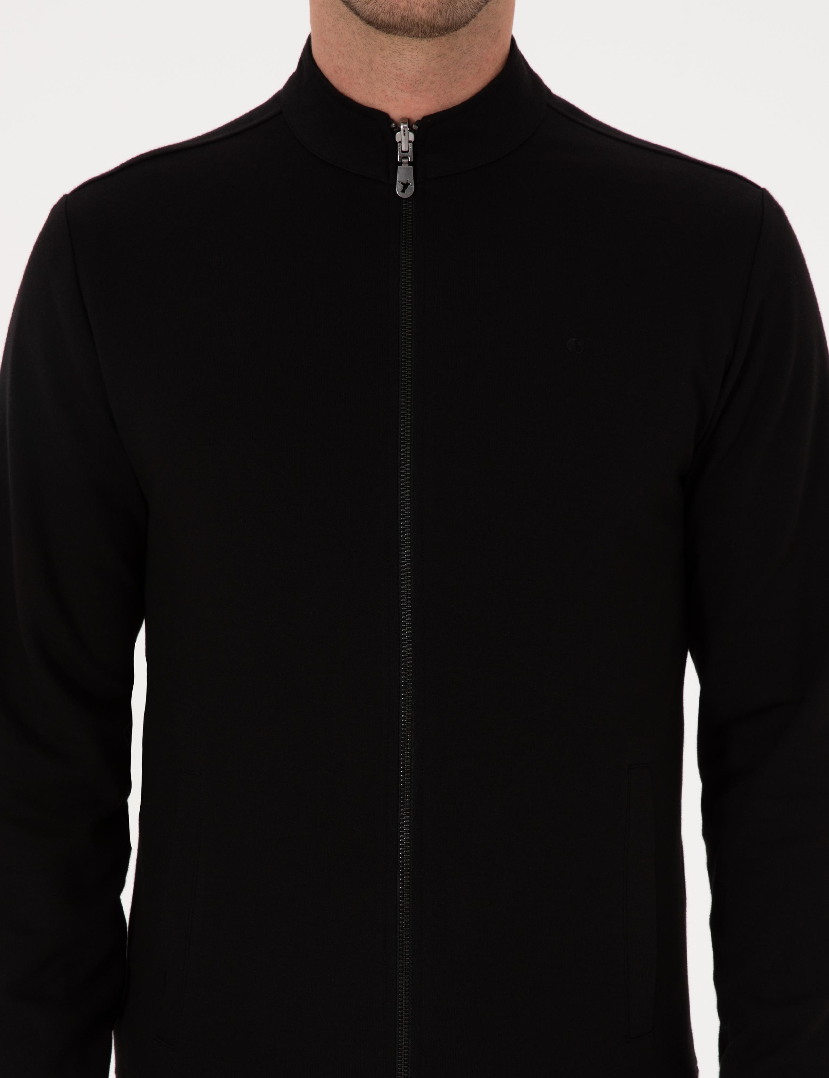 Siyah Regular Fit Pamuk Karışımlı Tam Fermuarlı Sweatshirt - 50309798026