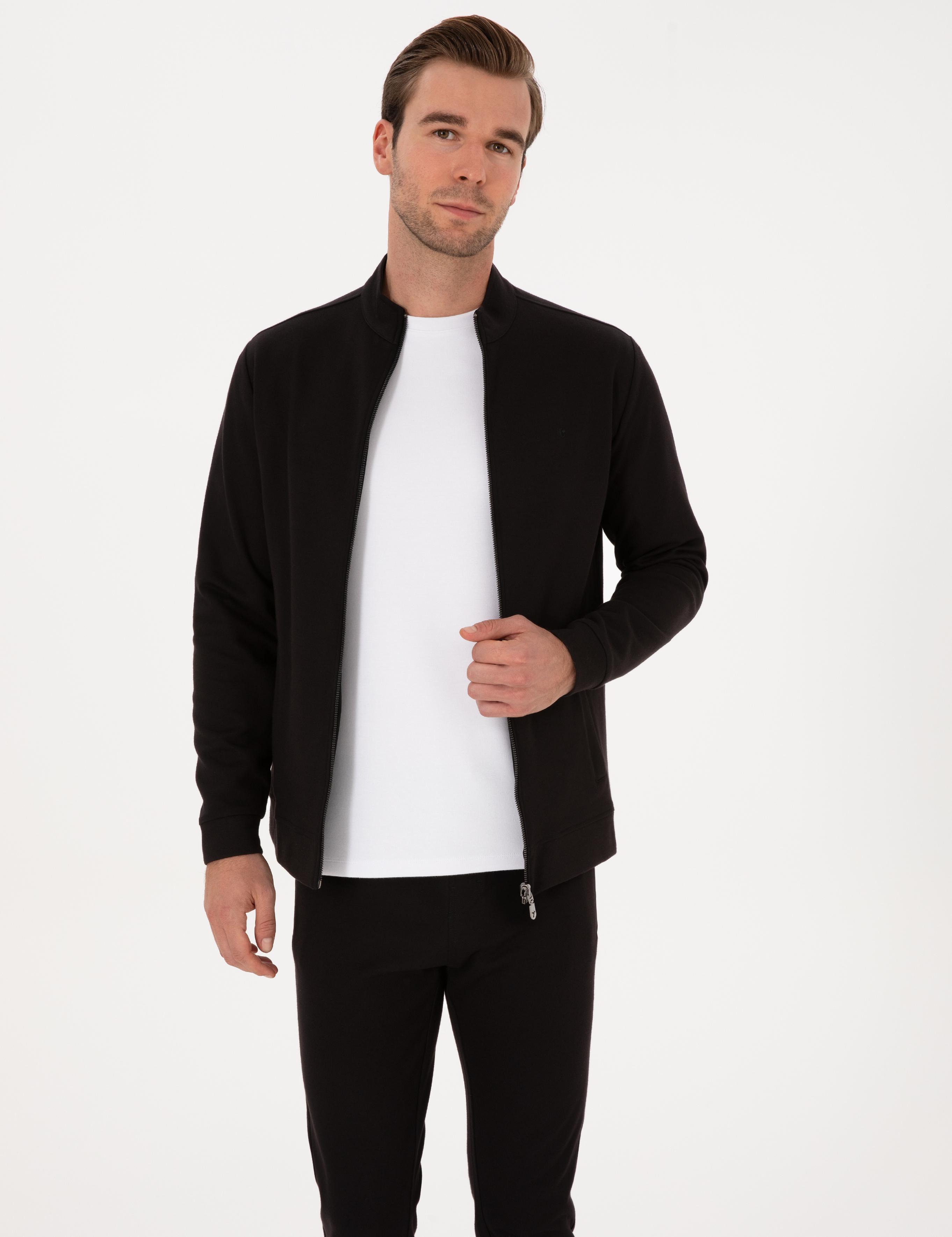 Siyah Regular Fit Pamuk Karışımlı Tam Fermuarlı Sweatshirt - 50309798026