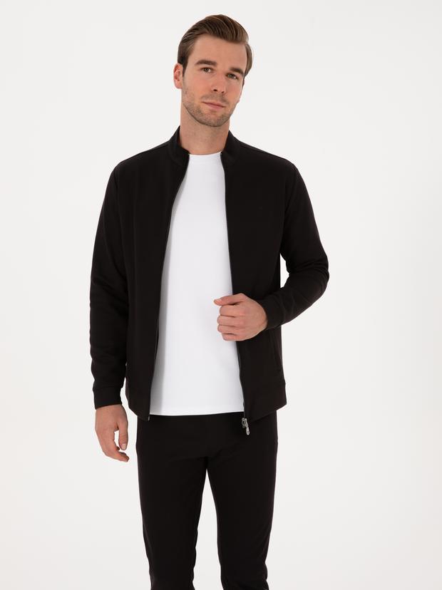 Siyah Regular Fit Pamuk Karışımlı Tam Fermuarlı Sweatshirt