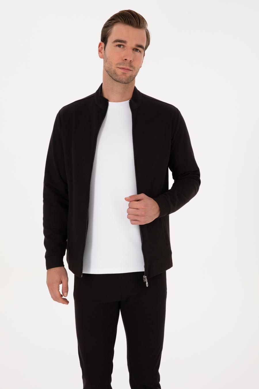 Siyah Regular Fit Pamuk Karışımlı Tam Fermuarlı Sweatshirt - 50309798026