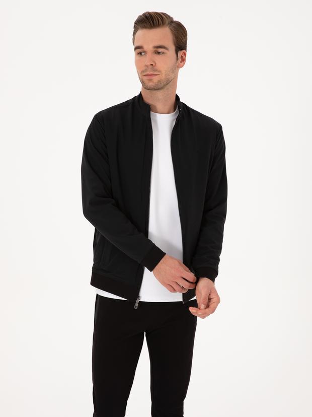 Siyah Regular Fit Pamuk Karışımlı Tam Fermuarlı Sweatshirt