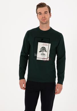 Koyu Yeşil Regular Fit Baskılı Bisiklet Yaka Sweatshirt