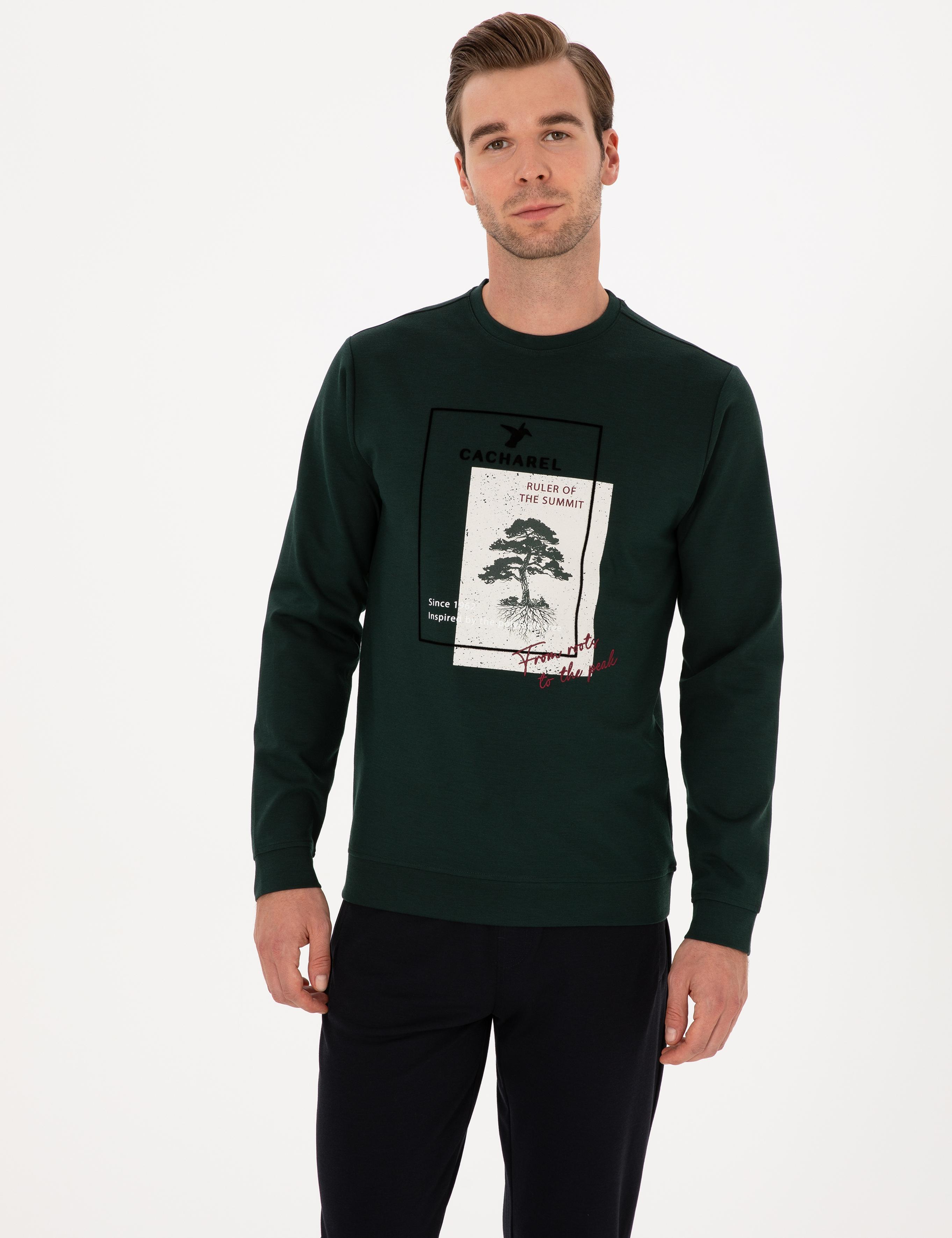 Koyu Yeşil Regular Fit Baskılı Bisiklet Yaka Sweatshirt - 50311402050