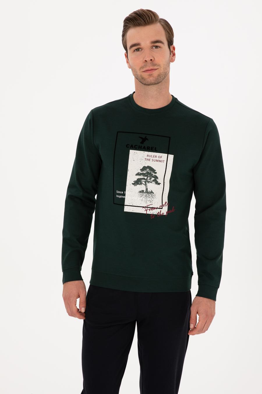 Koyu Yeşil Regular Fit Baskılı Bisiklet Yaka Sweatshirt - 50311402050