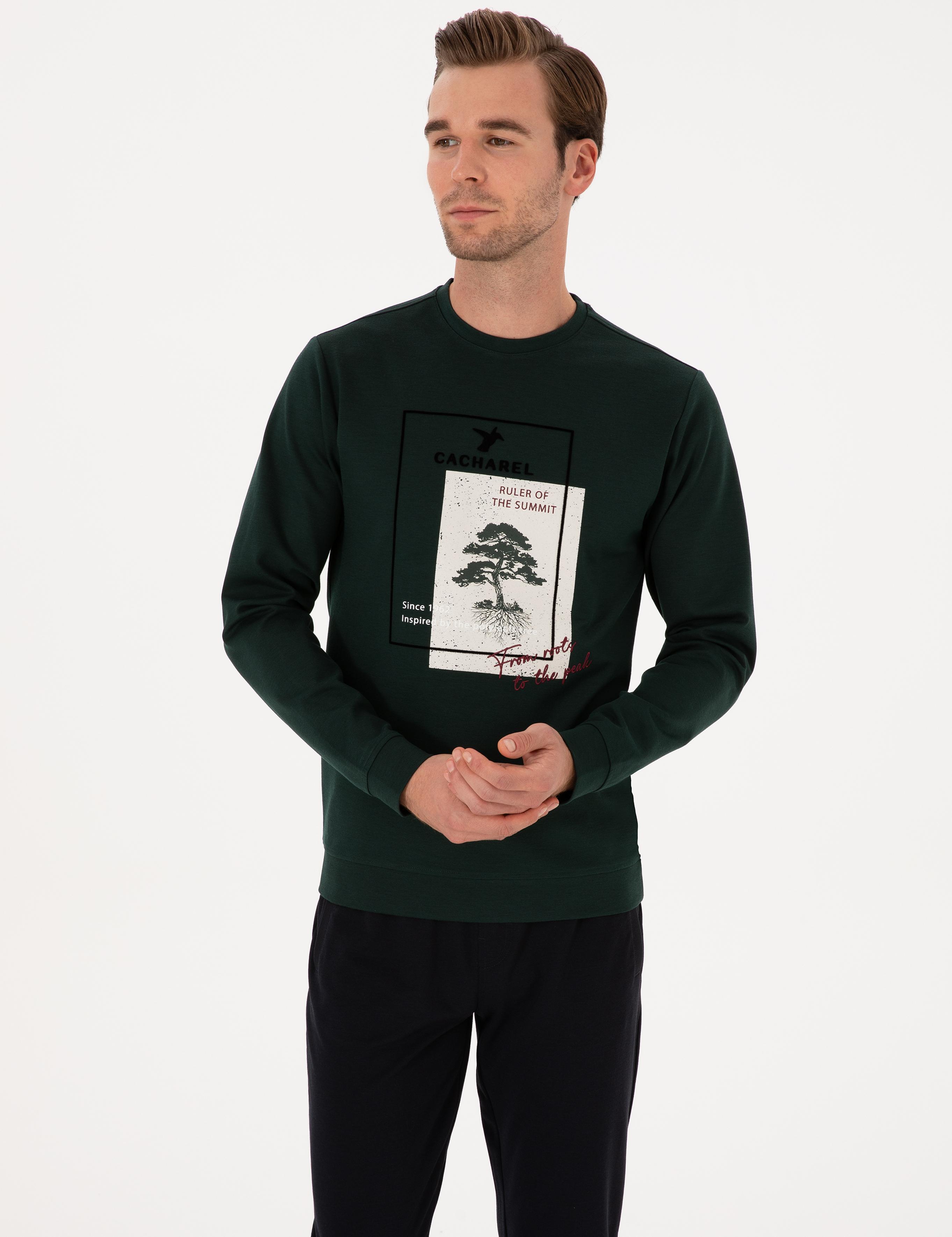 Koyu Yeşil Regular Fit Baskılı Bisiklet Yaka Sweatshirt - 50311402050