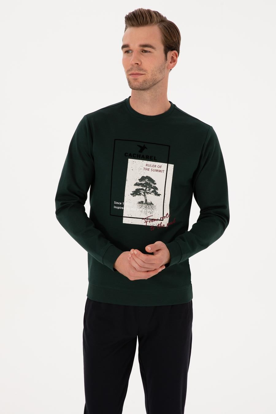 Koyu Yeşil Regular Fit Baskılı Bisiklet Yaka Sweatshirt - 50311402050