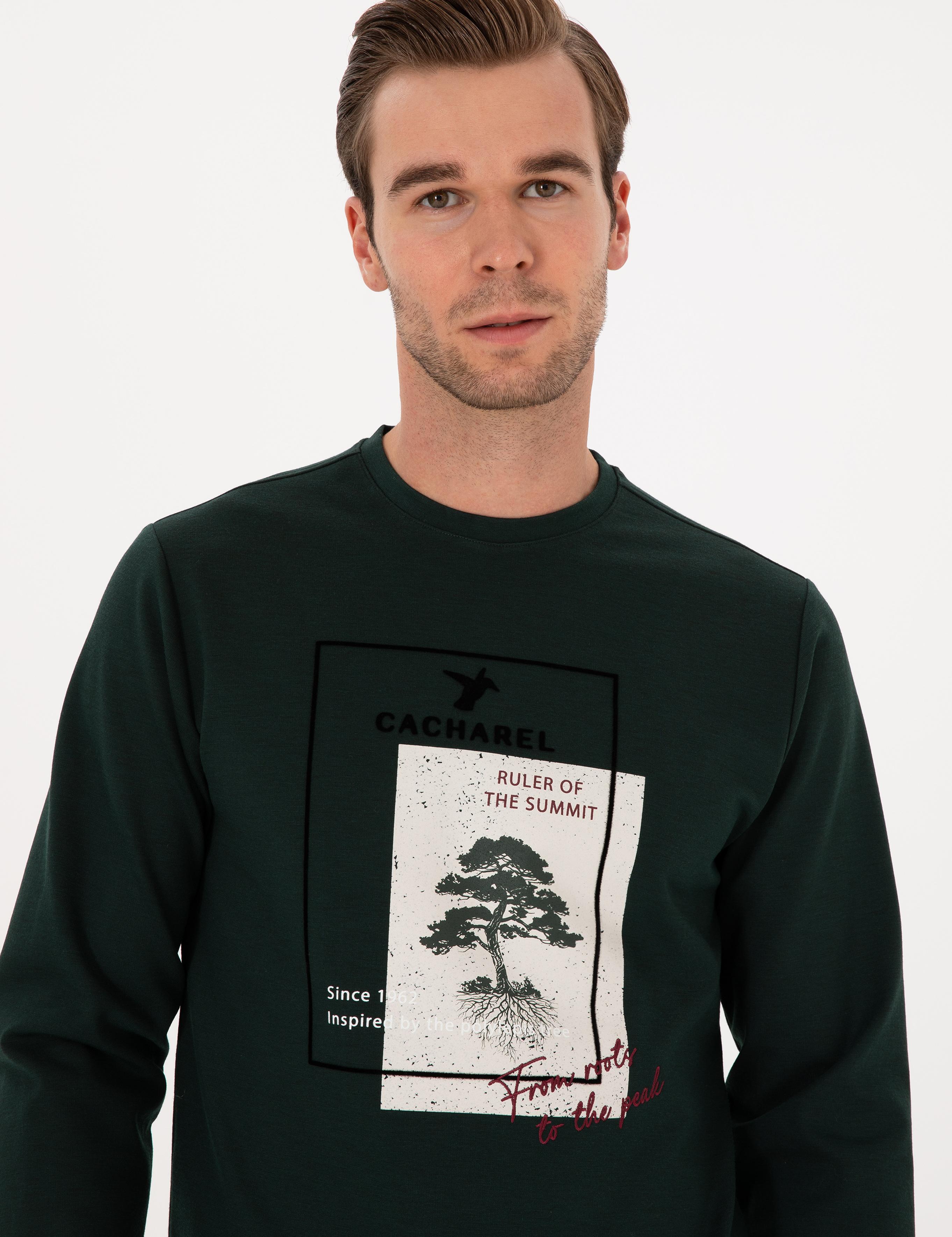 Koyu Yeşil Regular Fit Baskılı Bisiklet Yaka Sweatshirt - 50311402050