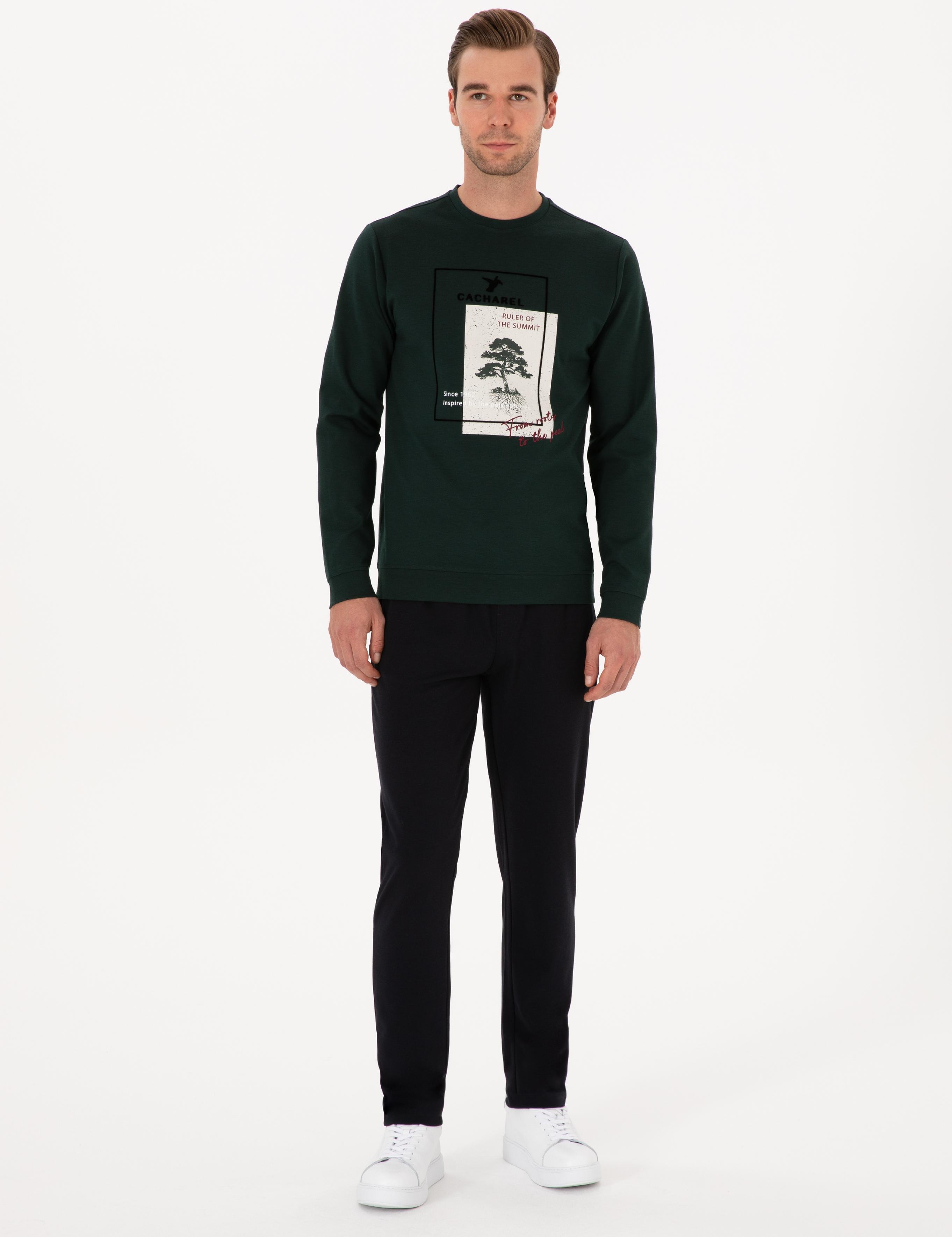 Koyu Yeşil Regular Fit Baskılı Bisiklet Yaka Sweatshirt - 50311402050