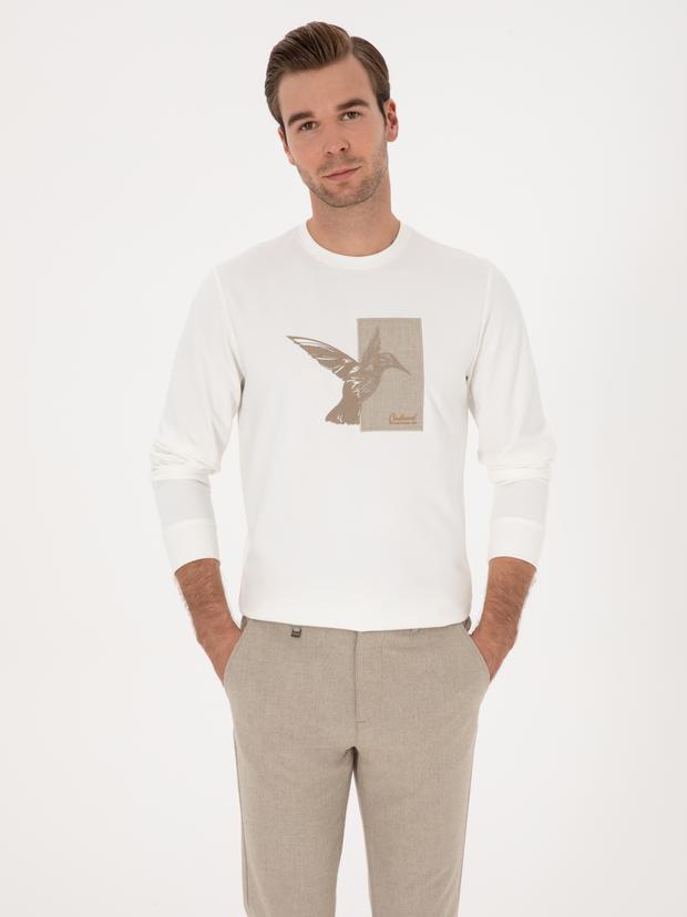 Ekru Regular Fit Baskılı Bisiklet Yaka Sweatshirt