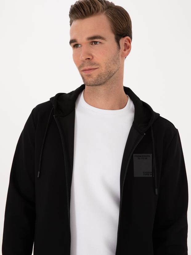 Siyah Regular Fit Pamuk Karışımlı Tam Fermuarlı Kapüşonlu Sweatshirt
