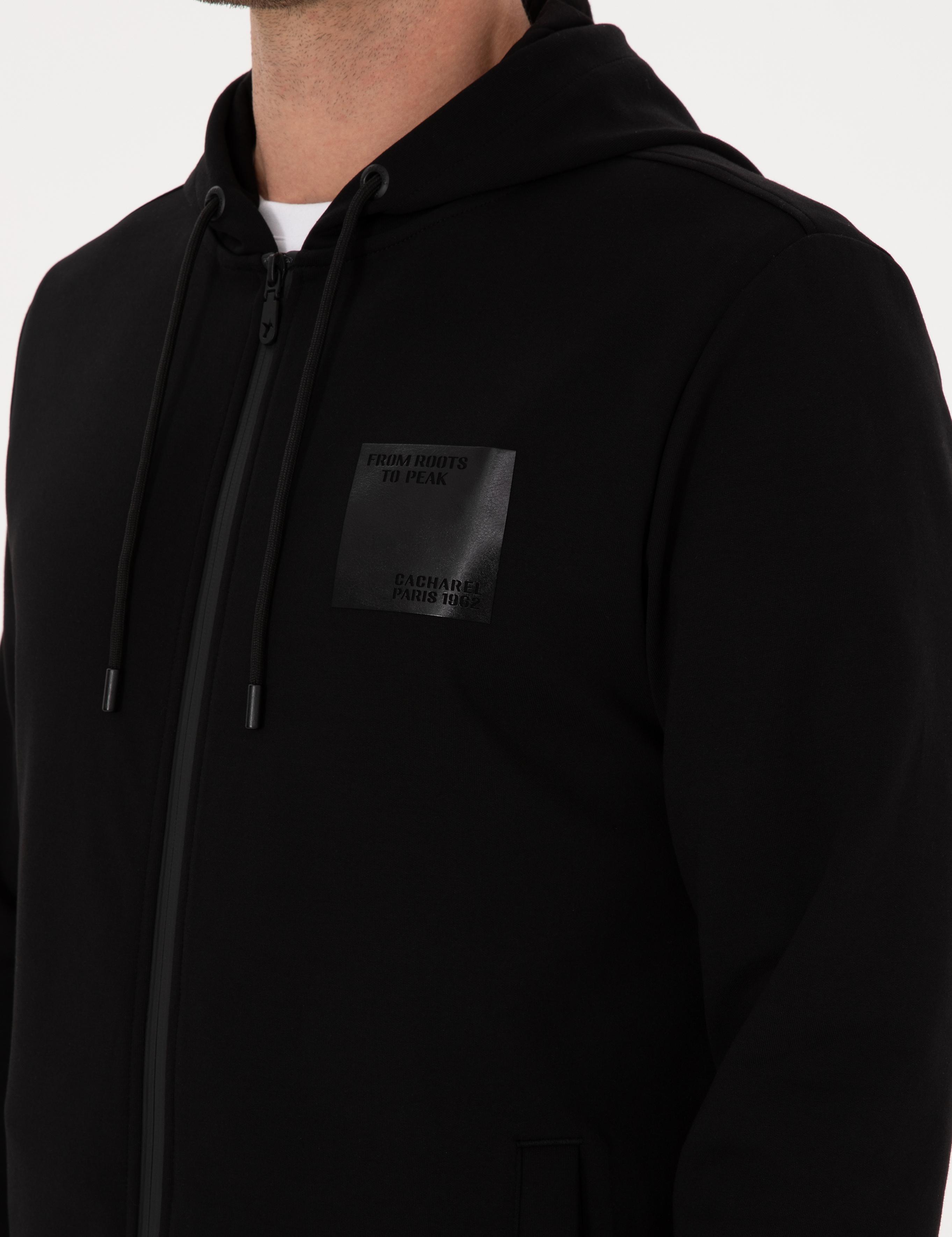 Siyah Regular Fit Pamuk Karışımlı Tam Fermuarlı Kapüşonlu Sweatshirt - 50311630027