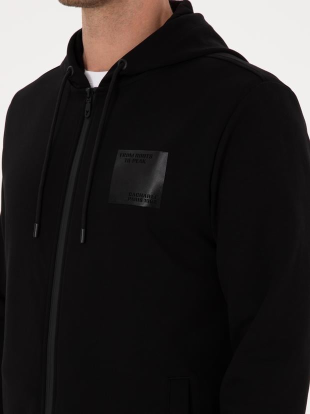 Siyah Regular Fit Pamuk Karışımlı Tam Fermuarlı Kapüşonlu Sweatshirt